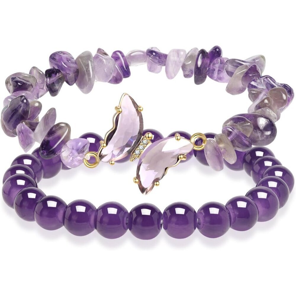 Purple Beaded Healing Bracelet with Butterfly Charm for Women